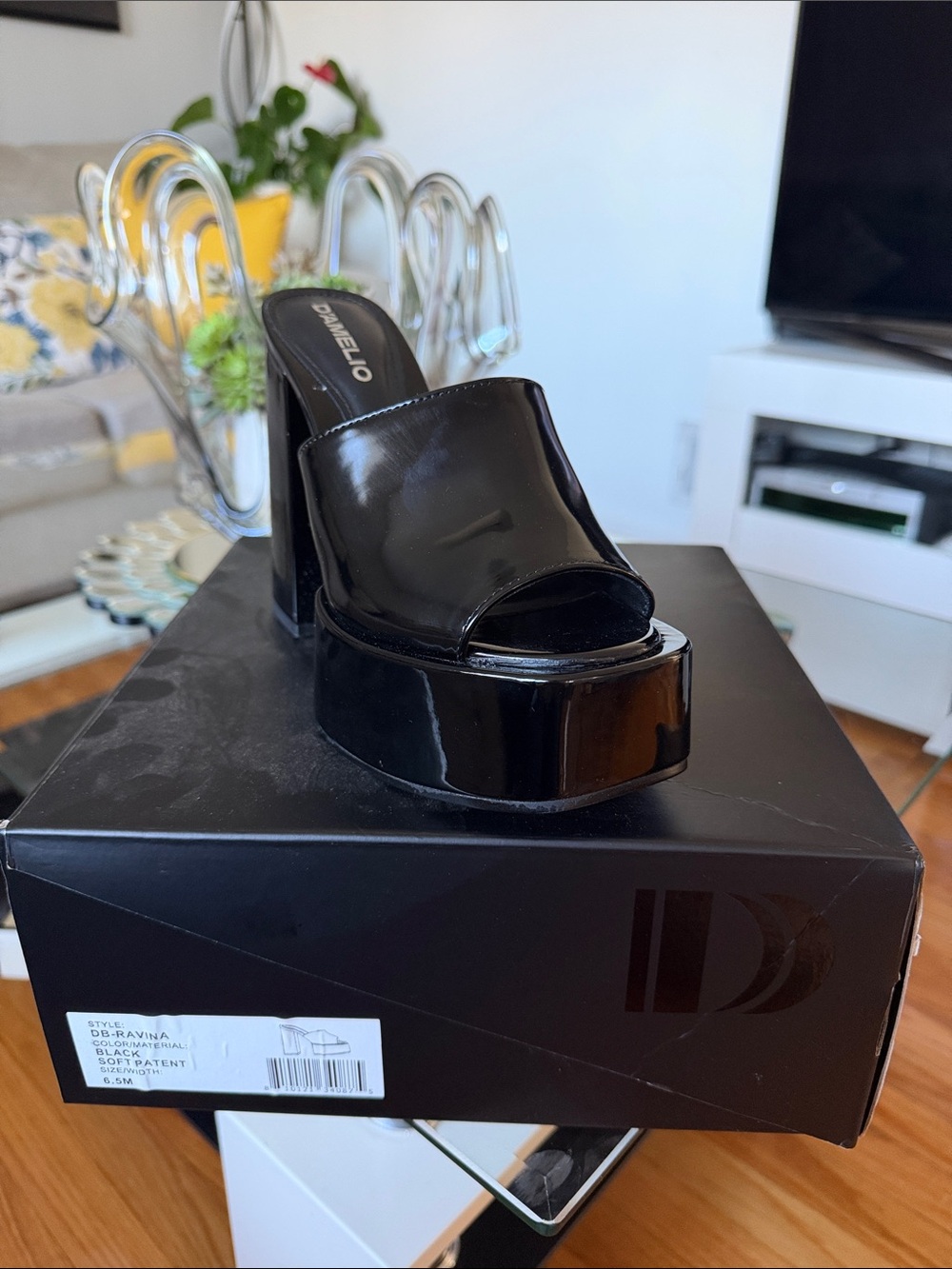 Rocco D'Amelio Black Patent Open-Toe Platform Mule